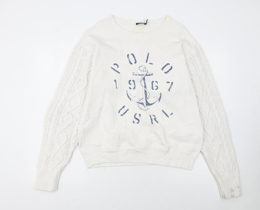 Polo Ralph Lauren Women's White Cable Knit Sleeve Anchor Sweatshirt S