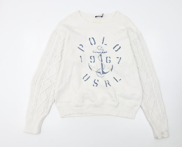 Polo Ralph Lauren Women's White Cable Knit Sleeve Anchor Sweatshirt S