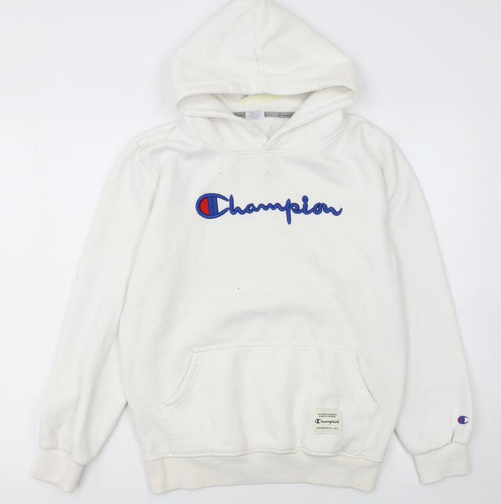 Champion Women White Small Pullover Hoodie with Logo Embroidery