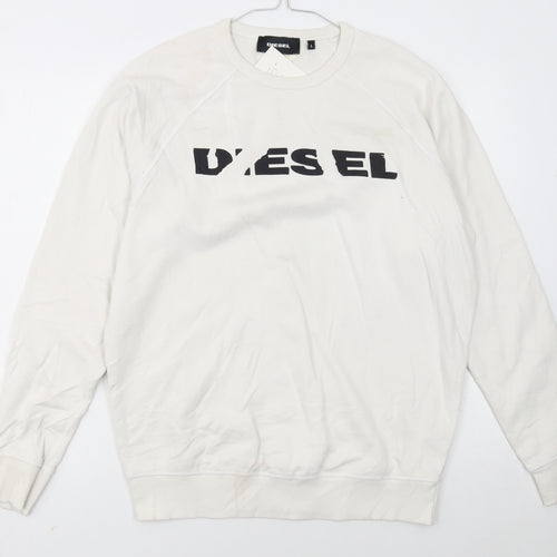 Diesel Men’s White Cotton Logo Pullover Sweatshirt Size L