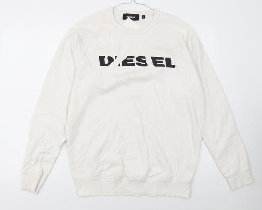 Diesel Men’s White Cotton Logo Pullover Sweatshirt Size L