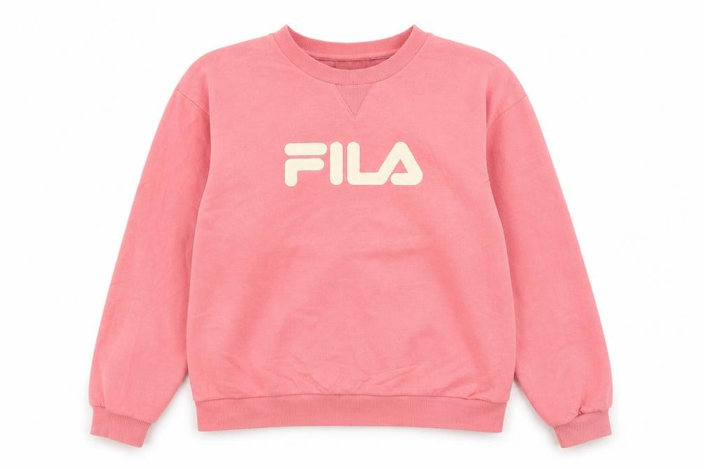 Front view of Fila women’s pink logo crew neck pullover sweatshirt m
