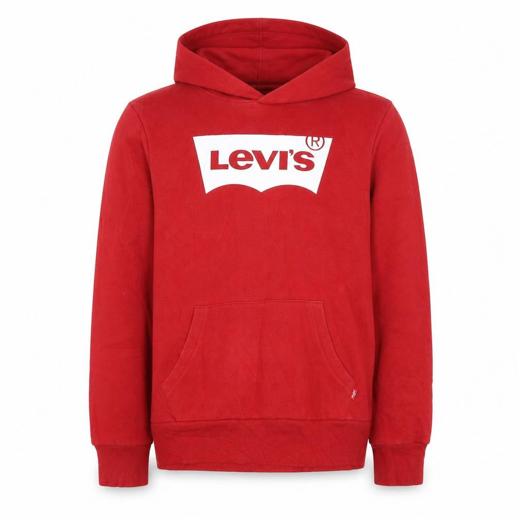 Front view of Levi's boys’ red pullover hoodie 14 years graphic logo sweatshirt