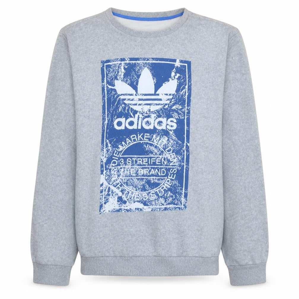 Front view of Adidas men’s grey blue logo crew neck sweatshirt m