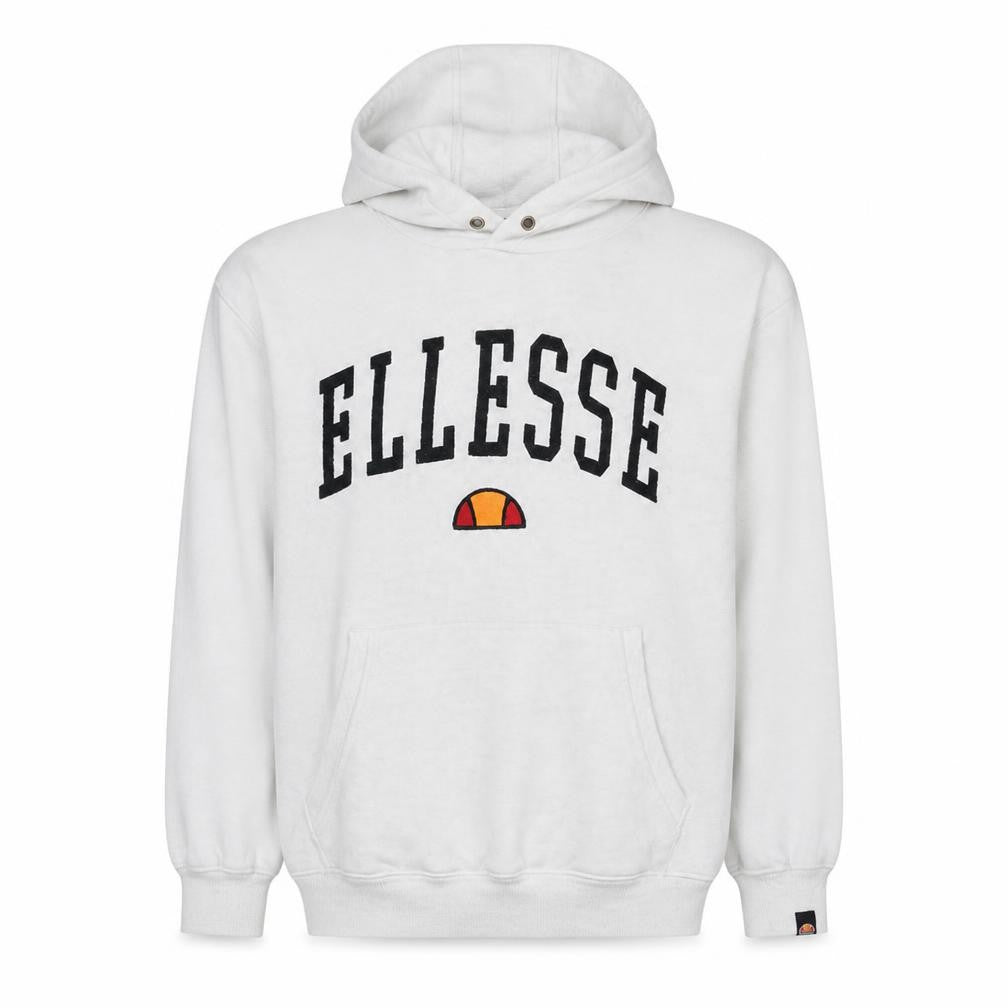 Front view of Ellesse men’s white small pullover hoodie fleece logo sweatshirt