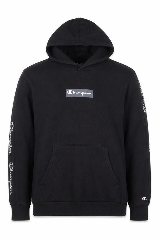 Front view of Champion boys’ black pullover hoodie 16 years fleece logo sports casual