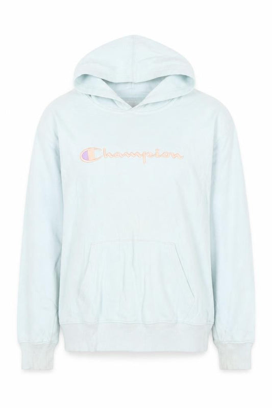 Front view of Champion girls’ blue pullover hoodie l embroidered logo fleece