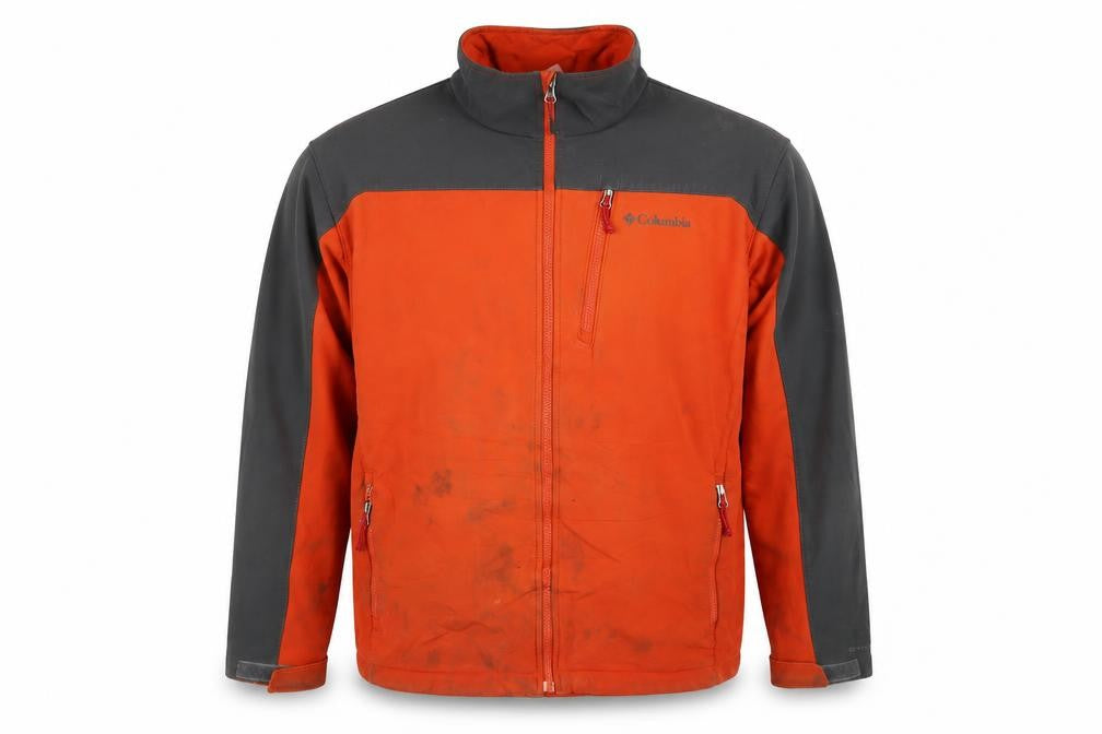 Front view of Columbia men’s orange xl soft shell outdoor jacket windproof