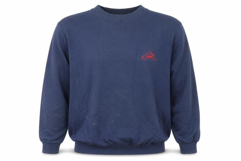 Front view of Puma men’s blue small pullover logo sweatshirt vintage style