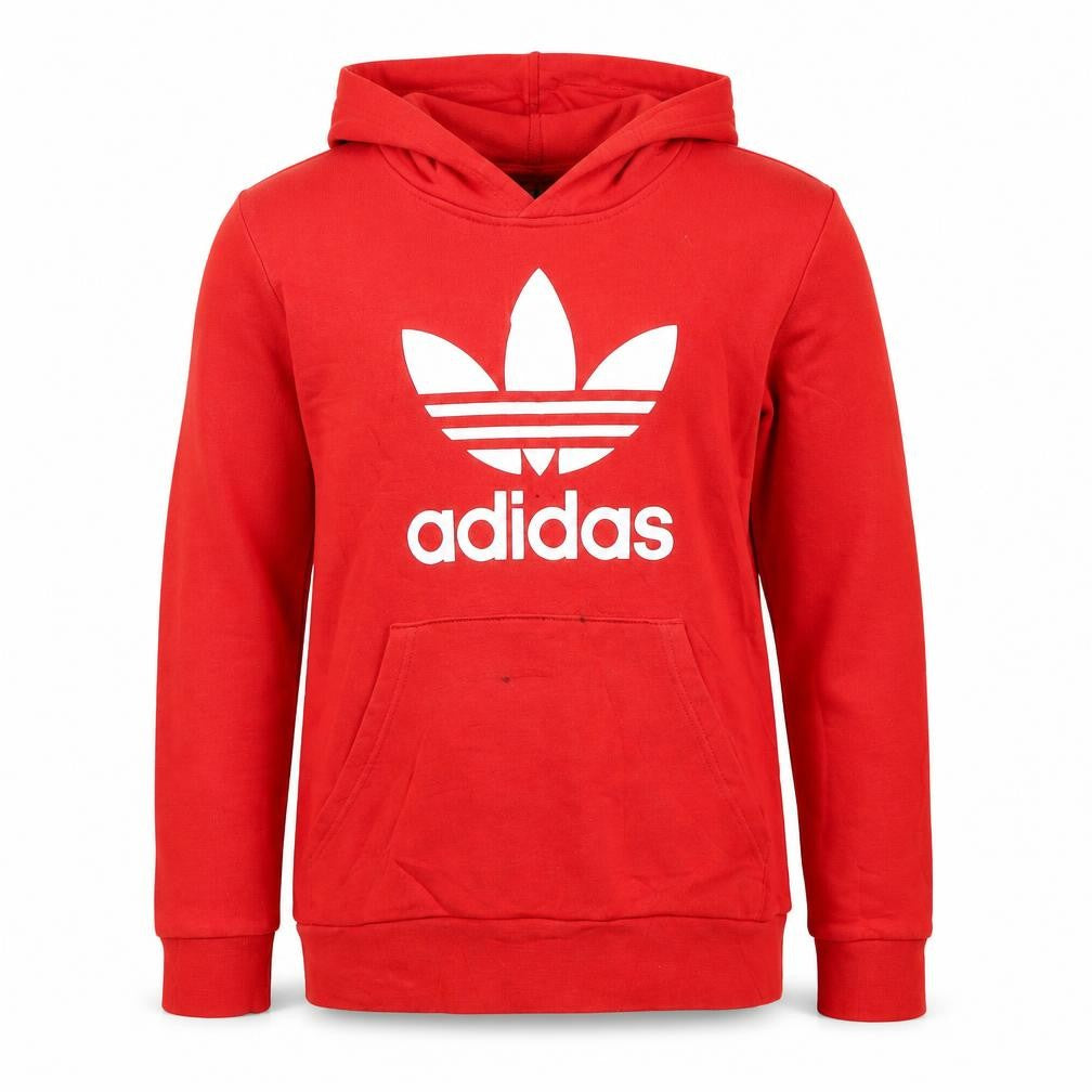 Front view of Adidas boys’ red pullover hoodie 13-14 years cotton blend logo print