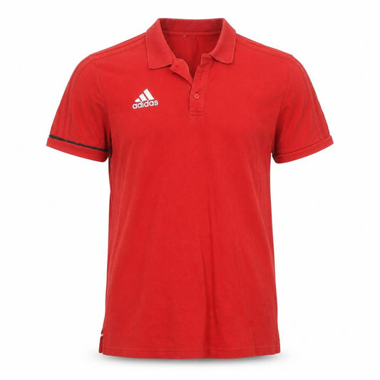 Front view of Adidas men’s red here to help polo shirt, size L, cotton blend