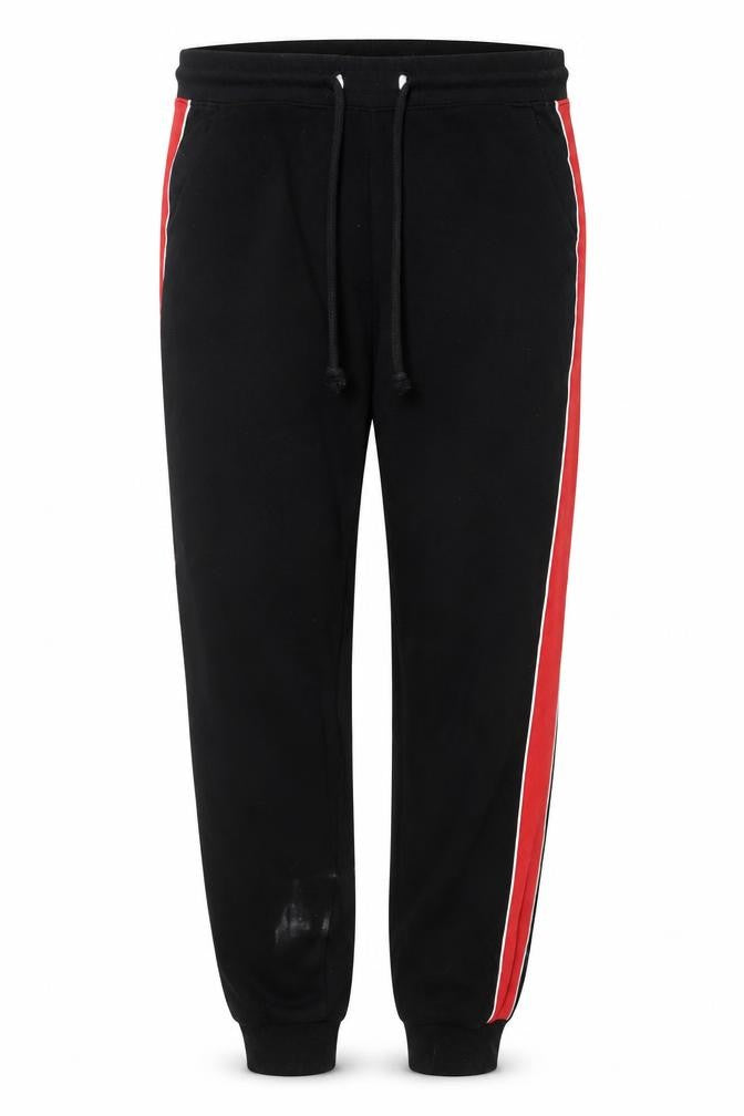 Front view of H&M Men Black Red Side Stripe Jogger Trousers M