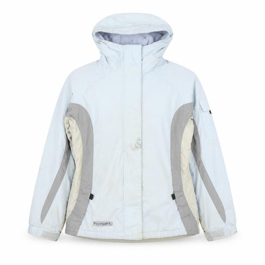 Front view of Columbia Women’s Blue Hooded Ski Jacket, size UK 18/20, Waterproof Lined