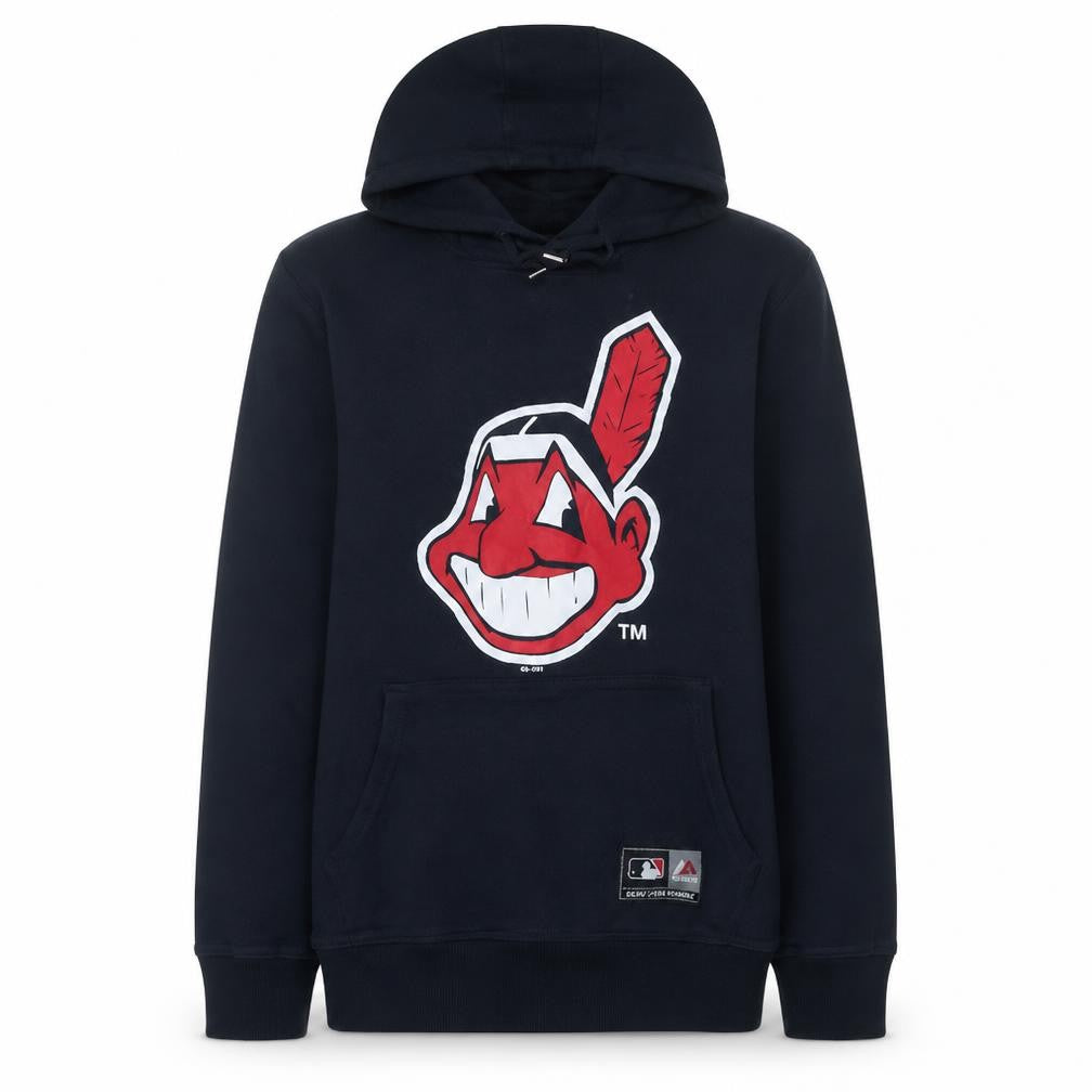 Front view of Majestic men’s black m pullover hoodie sweatshirt graphic baseball logo