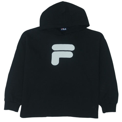 FILA Womens Black Pullover Hoodie L Logo Fleece Sweatshirt