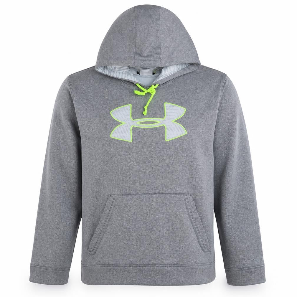 Front view of Under Armour men’s grey large pullover hoodie with logo
