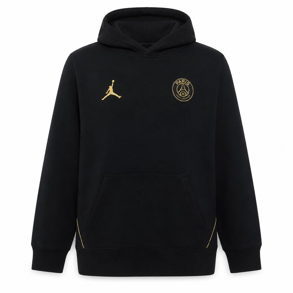 Front view of Jordan boys’ black xl pullover hoodie paris saint germain logo