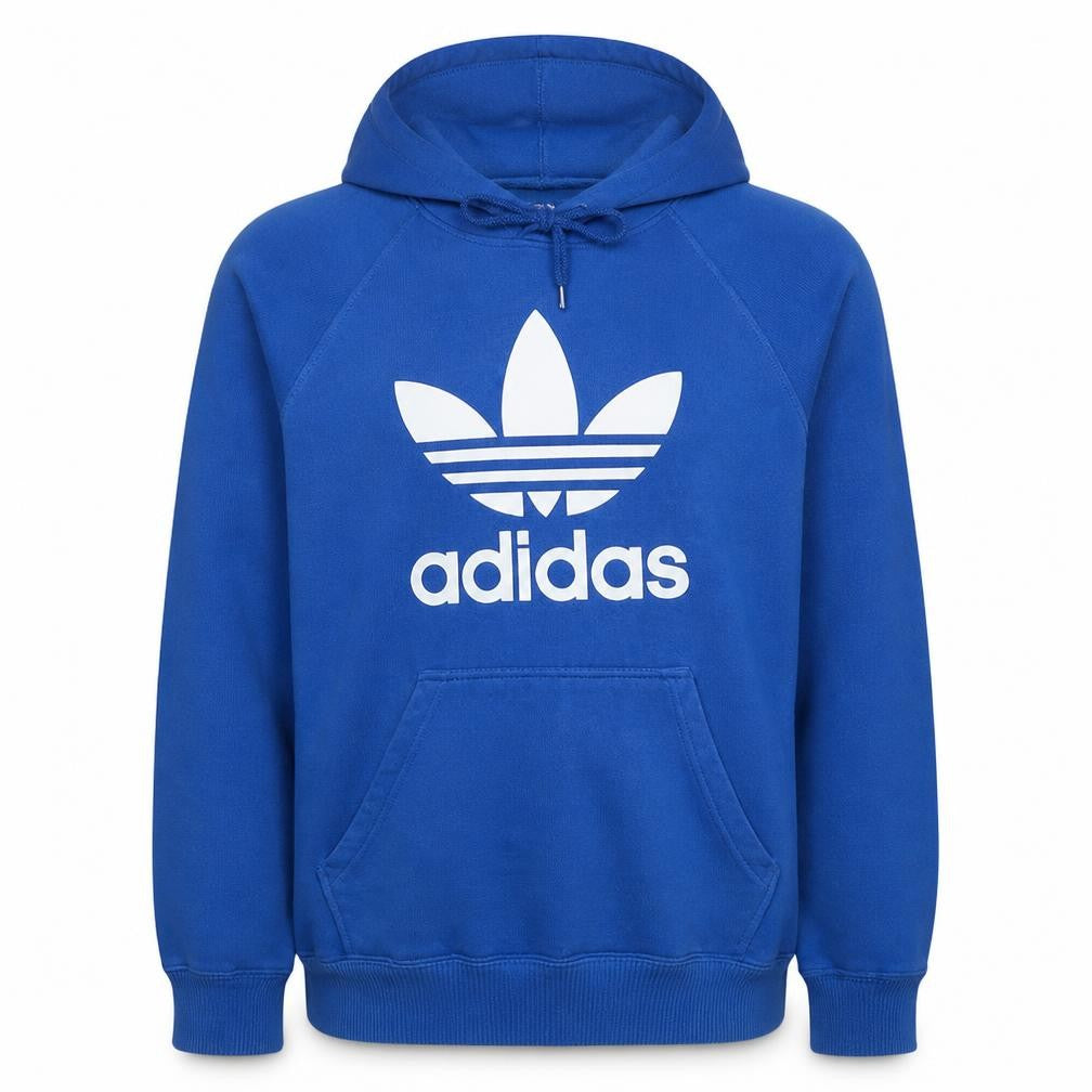 Front view of adidas men’s blue pullover hoodie m regular fit logo fleece sweatshirt