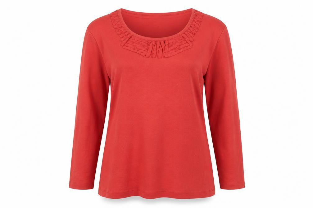 Front view of Country Casuals Women Red Beaded Ruffle Cotton Long Sleeve Top, size L