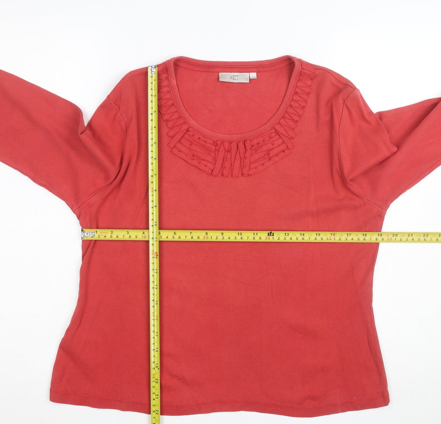 CC Women Red Beaded Ruffle Cotton Long Sleeve Top Size L
