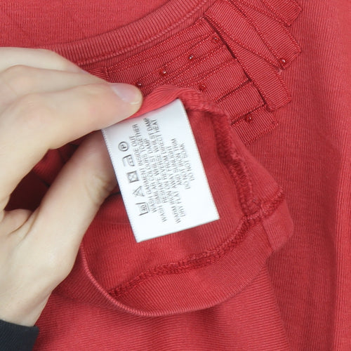 CC Women Red Beaded Ruffle Cotton Long Sleeve Top Size L