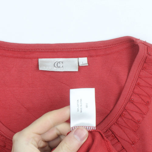CC Women Red Beaded Ruffle Cotton Long Sleeve Top Size L