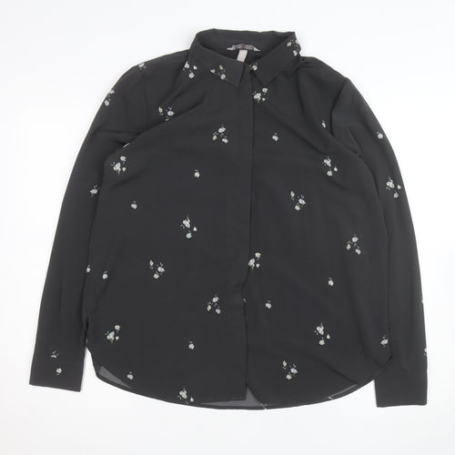 H&M Womens Black Floral Collared Blouse Size M Long Sleeve Work Top