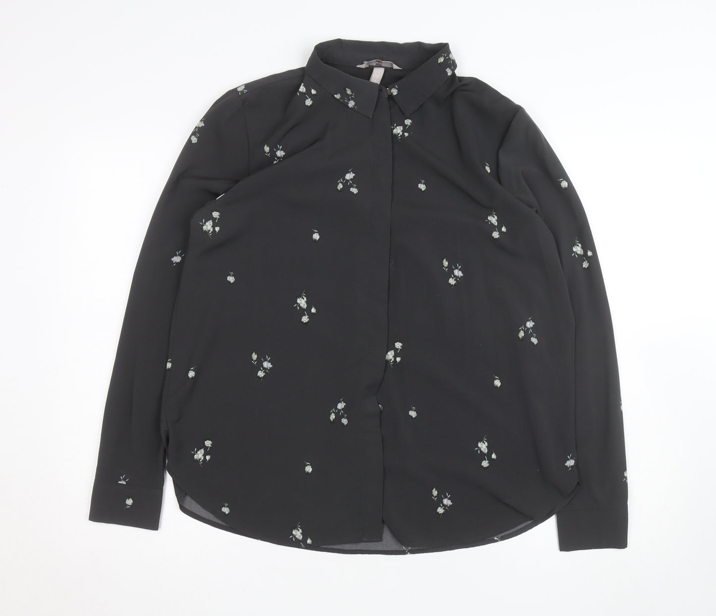 H&M Womens Black Floral Collared Blouse Size M Long Sleeve Work Top