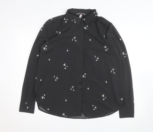 H&M Womens Black Floral Collared Blouse Size M Long Sleeve Work Top