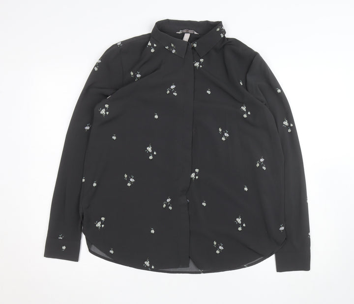 H&M Womens Black Floral Collared Blouse Size M Long Sleeve Work Top