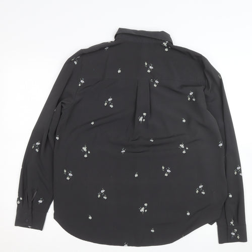 H&M Womens Black Floral Collared Blouse Size M Long Sleeve Work Top
