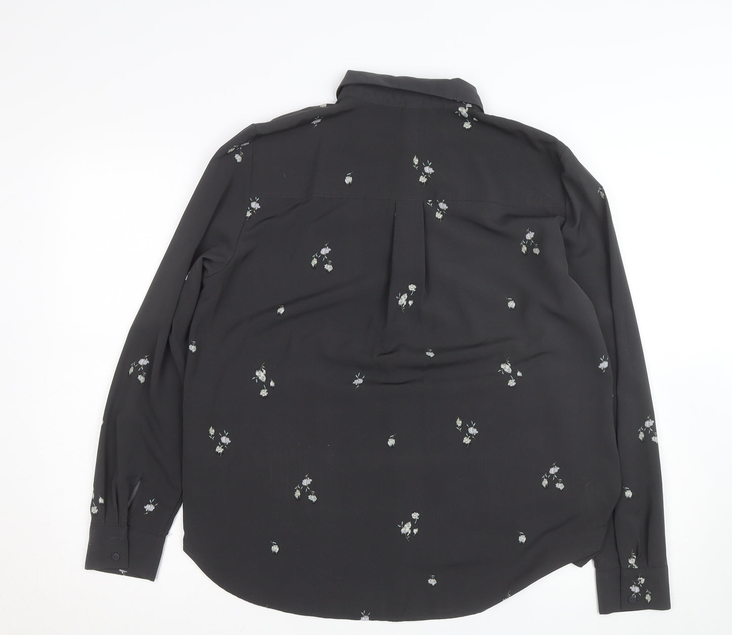 H&M Womens Black Floral Collared Blouse Size M Long Sleeve Work Top
