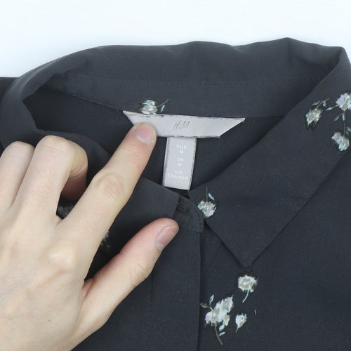H&M Womens Black Floral Collared Blouse Size M Long Sleeve Work Top