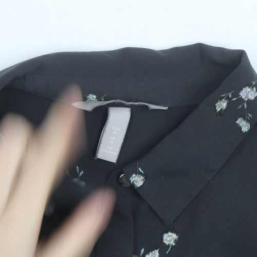 H&M Womens Black Floral Collared Blouse Size M Long Sleeve Work Top