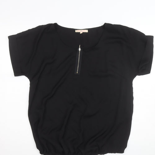 Envie de Fraises Women’s Black Size 14 Zip Neck Short Sleeve Blouse