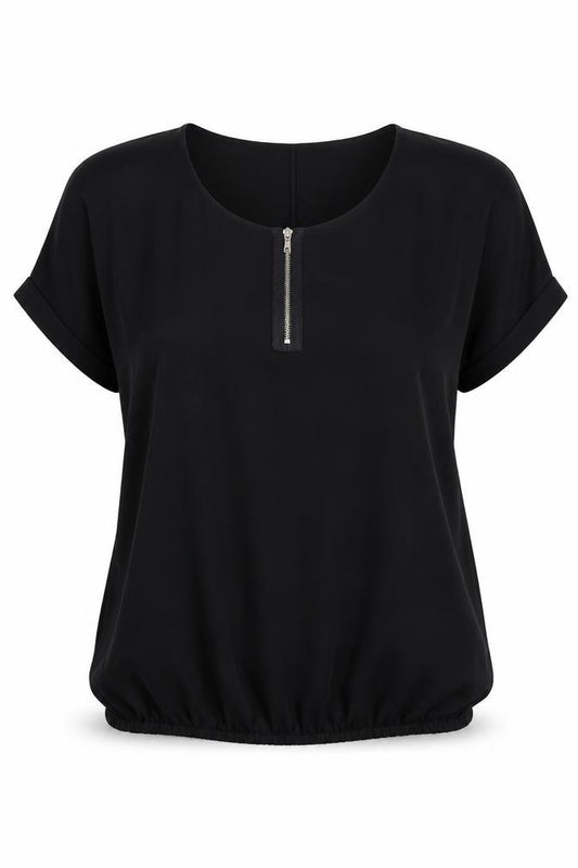 Front view of Envie de Fraises Women’s Black, size UK 14, Zip Neck Short Sleeve Blouse