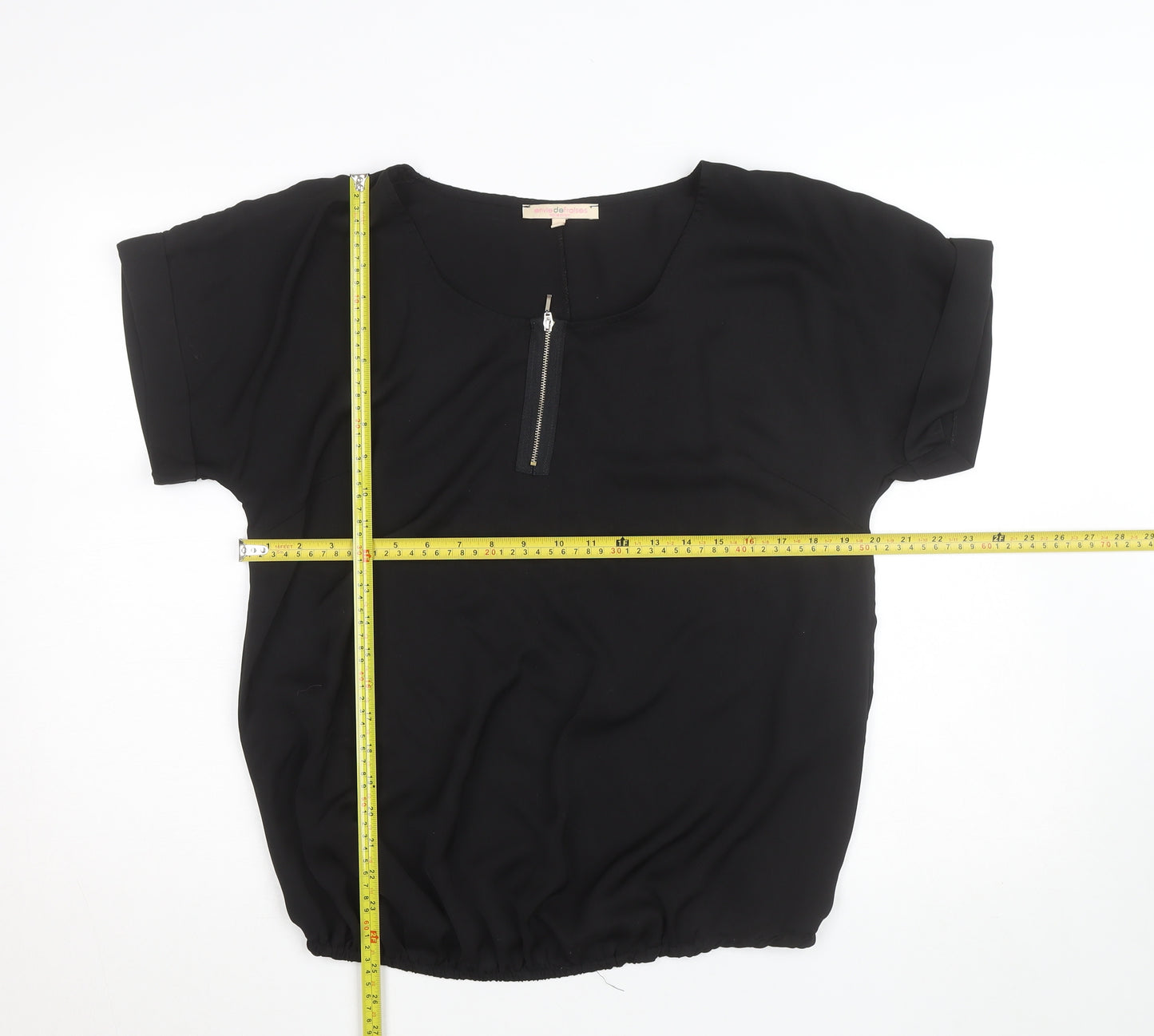 Envie de Fraises Women’s Black Size 14 Zip Neck Short Sleeve Blouse