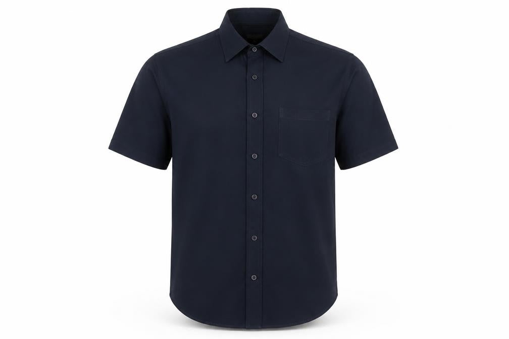 Front view of Contemporary Tailoring Men's Blue L Short Sleeve Button-Up Shirt