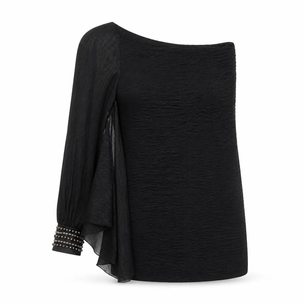 Front view of Jasmine London Women's Black One Shoulder Beaded Blouse, size 12