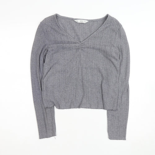 MNG Women's Grey V-Neck Ribbed Knit Long Sleeve Pullover Jumper Size 12