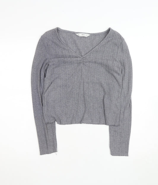 MNG Women's Grey V-Neck Ribbed Knit Long Sleeve Pullover Jumper Size 12