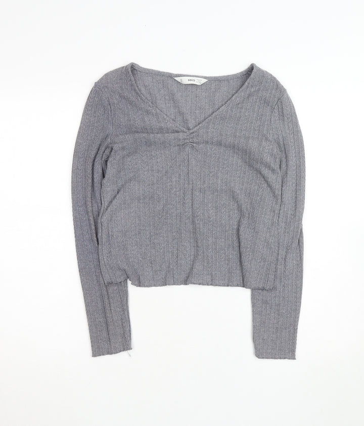 MNG Women's Grey V-Neck Ribbed Knit Long Sleeve Pullover Jumper Size 12