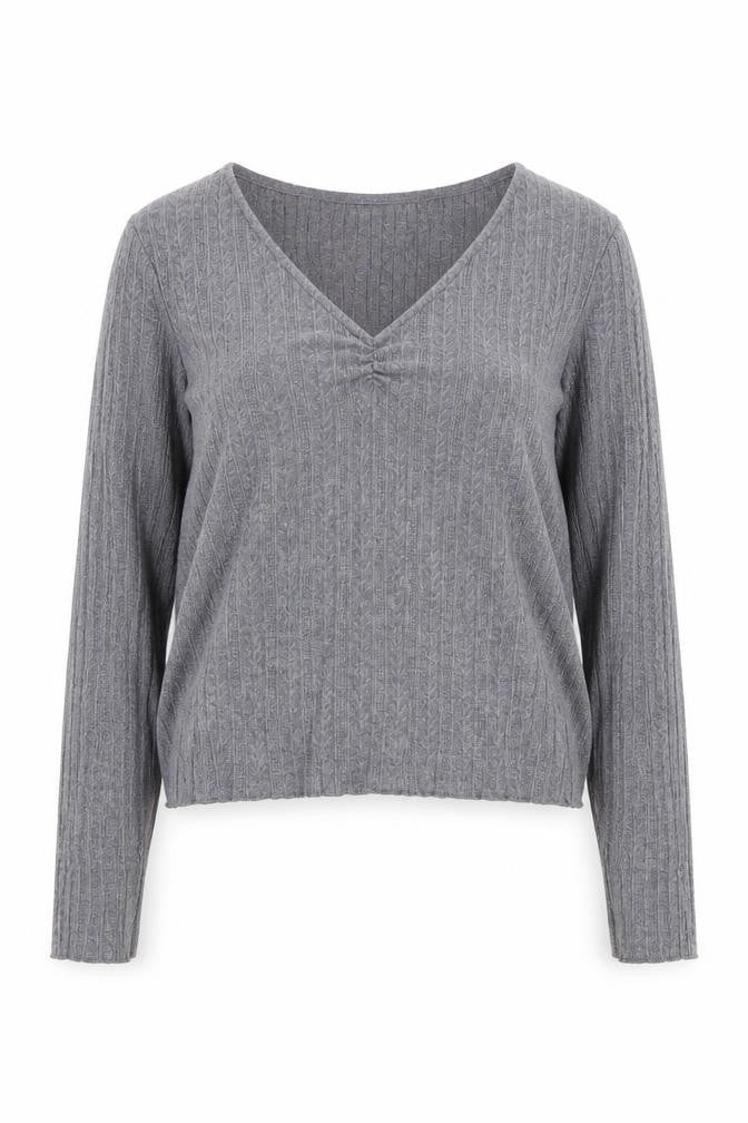 Front view of Mango Women's Grey V-Neck Ribbed Knit Long Sleeve jumper, size 12