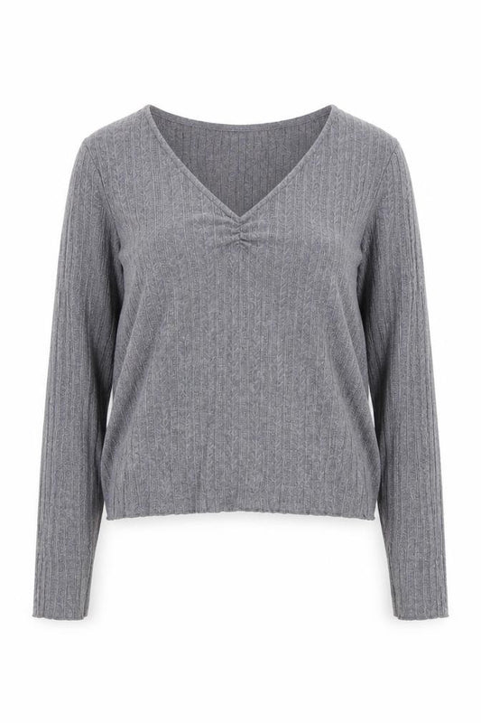 Front view of Mango Women's Grey V-Neck Ribbed Knit Long Sleeve jumper, size 12