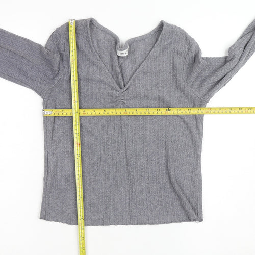 MNG Women's Grey V-Neck Ribbed Knit Long Sleeve Pullover Jumper Size 12