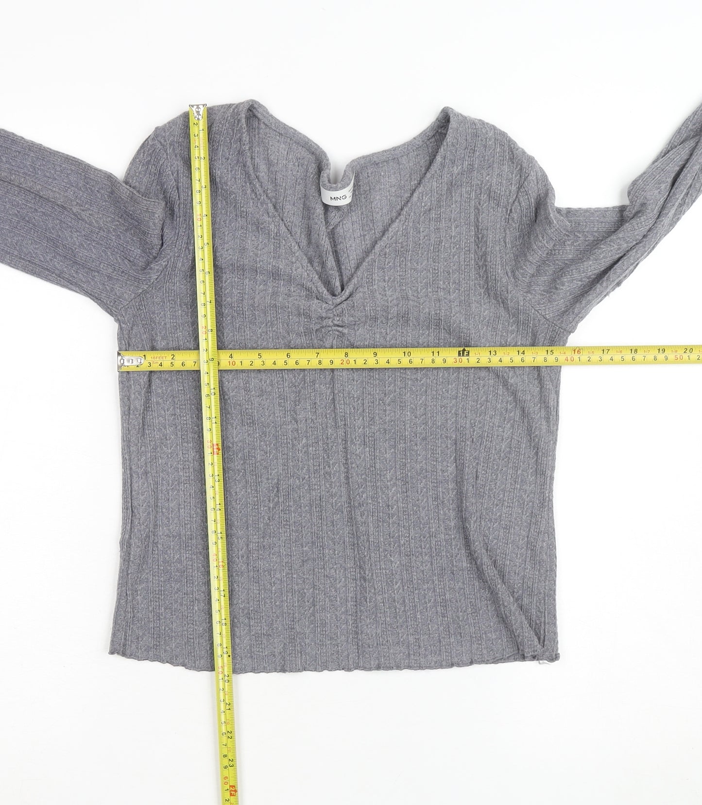 MNG Women's Grey V-Neck Ribbed Knit Long Sleeve Pullover Jumper Size 12