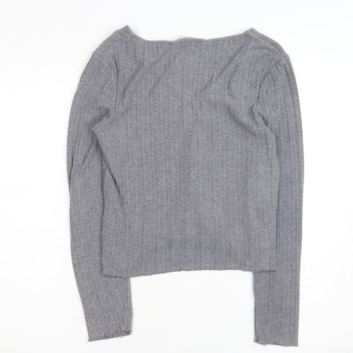 MNG Women's Grey V-Neck Ribbed Knit Long Sleeve Pullover Jumper Size 12