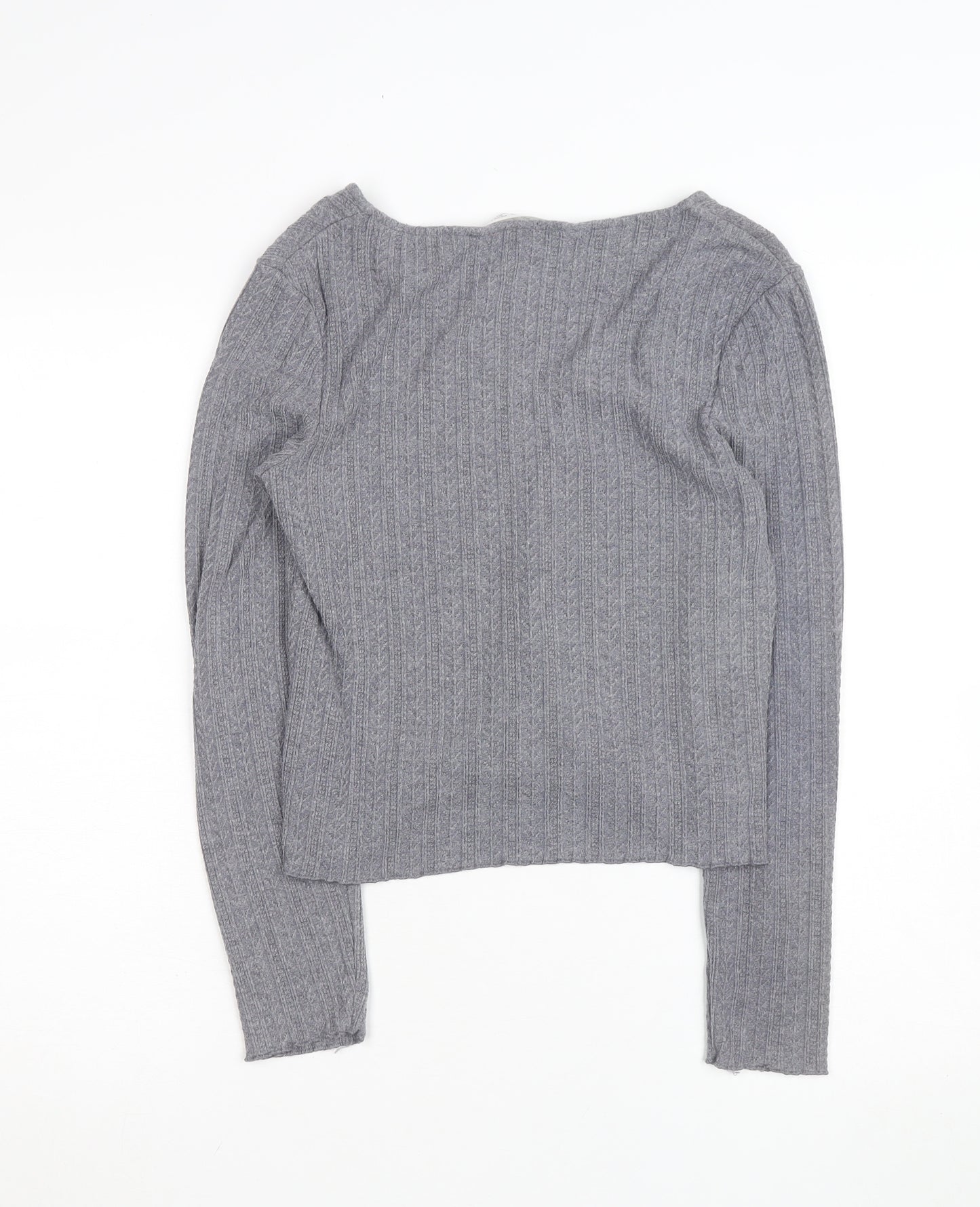 MNG Women's Grey V-Neck Ribbed Knit Long Sleeve Pullover Jumper Size 12