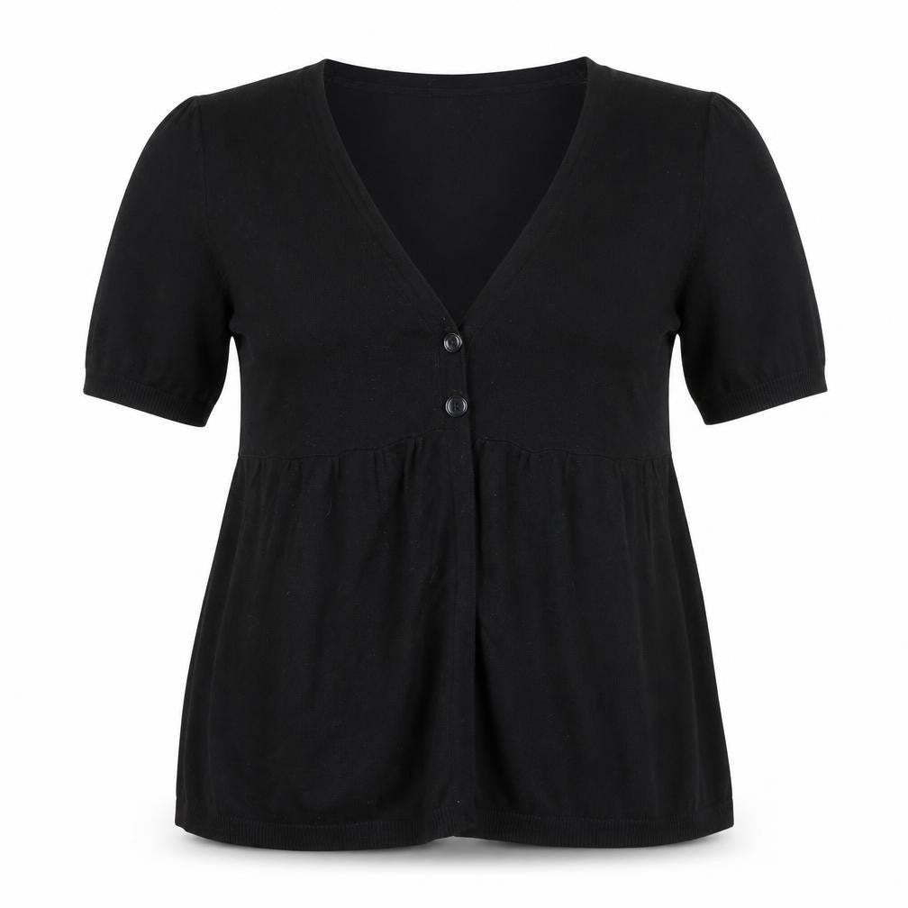 Front view of H&M Women's Black Cotton Knit Button V-Neck Tunic Blouse, size L