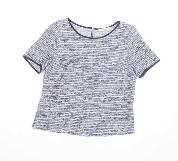 Oasis Women Blue Striped Short Sleeve Crew Neck Top M